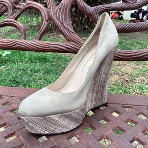 Jean Michel Cazabat Tabia Taupe Suede Leather Painted Wedge Heels Size 38